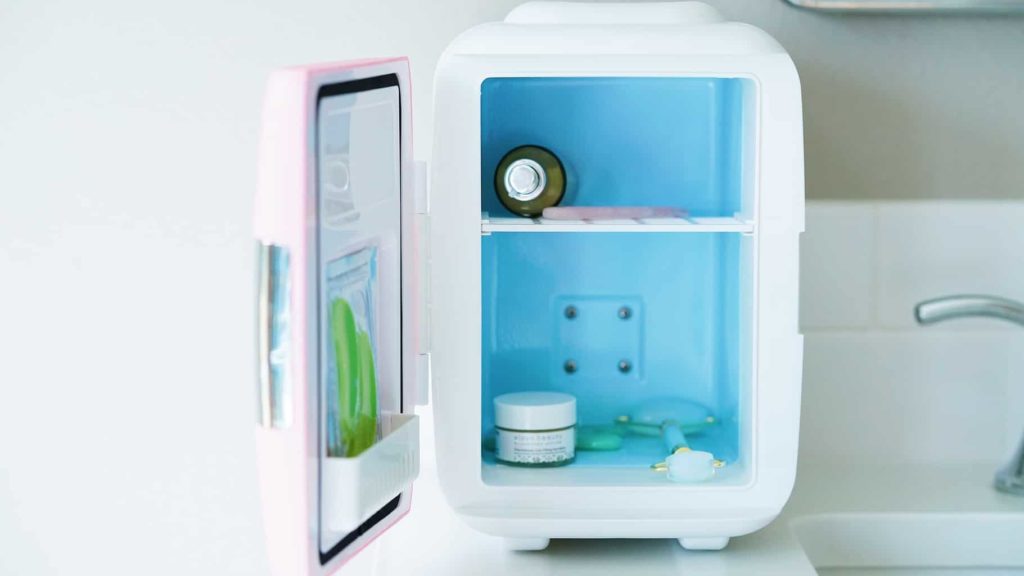 mini skincare fridge on counter