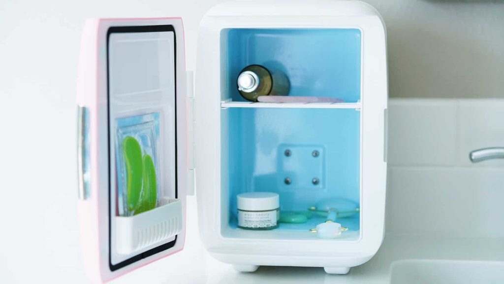 Mini skincare fridge on counter