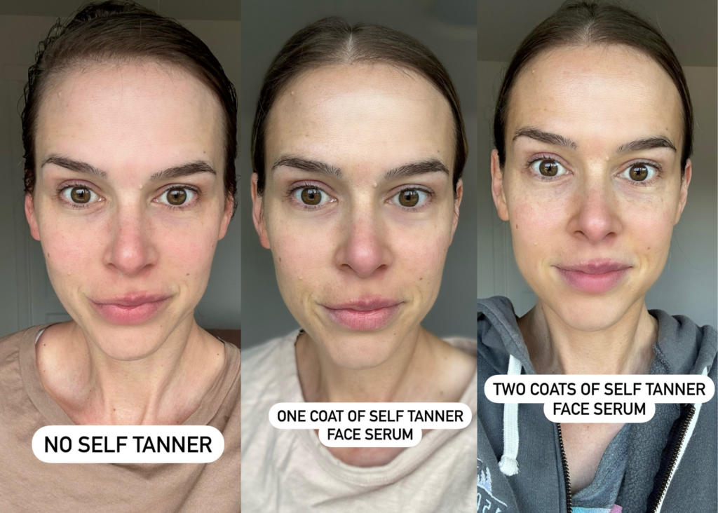 woman with no sunless tanner compared with woman wearing one coat of self tanner and two coats of self tanner
