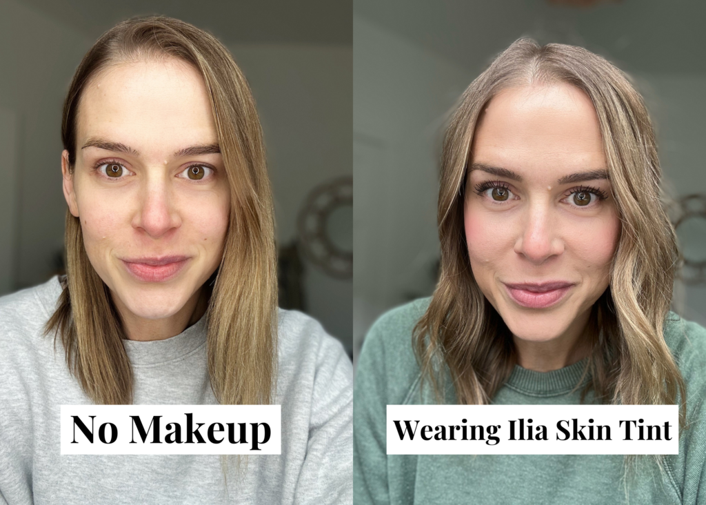 woman with no makeup versus woman wearing Ilia Skin Tint