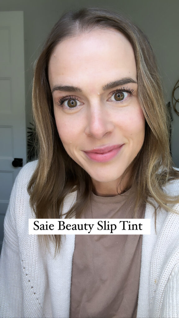 woman wearing Saie Beauty Slip Tint