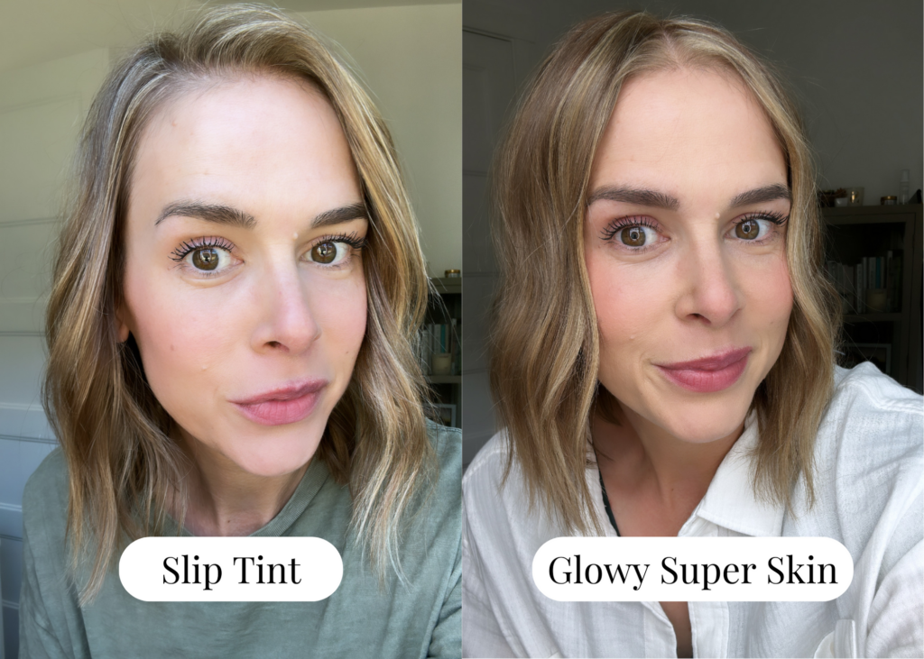 woman wearing Saie Beauty Slip Tint compared to woman wearing Saie Beauty Glowy Super Skin