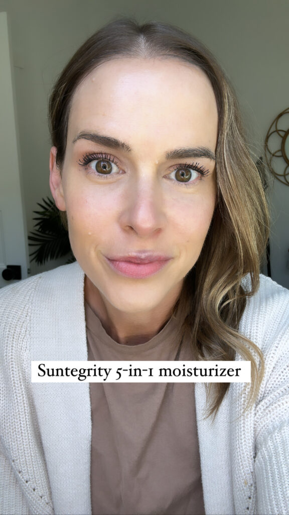 woman wearing Suntegrity 5-IN-1 Tinted Sunscreen Moisturizer 