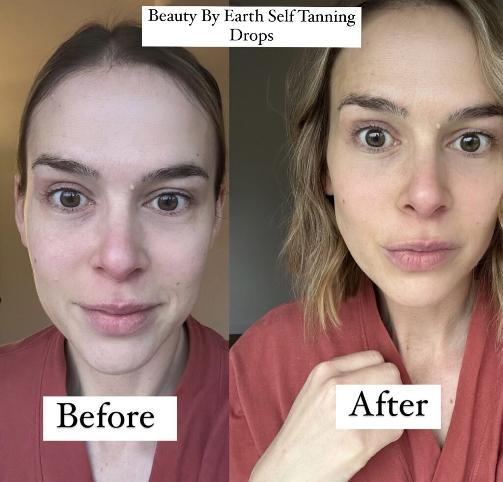 womna before and after using Beauty By Earth Self Tanner Drops